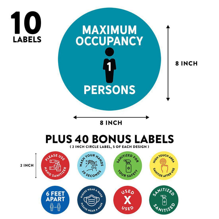 Building Bathroom Office Round Maximum Occupancy Business Signs, Vinyl Sticker Decals-Set of 50-Andaz Press-Occupancy 1 Persons-