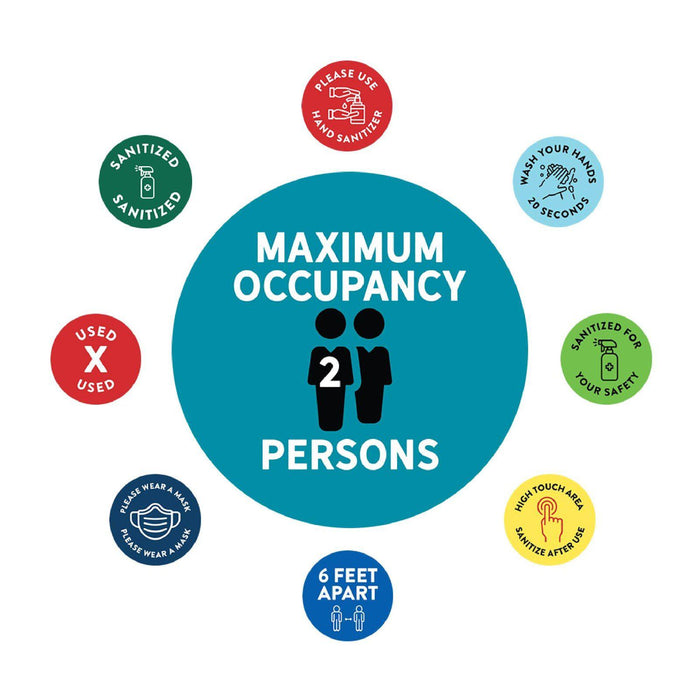 Building Bathroom Office Round Maximum Occupancy Business Signs, Vinyl Sticker Decals-Set of 50-Andaz Press-Occupancy 2 Persons-
