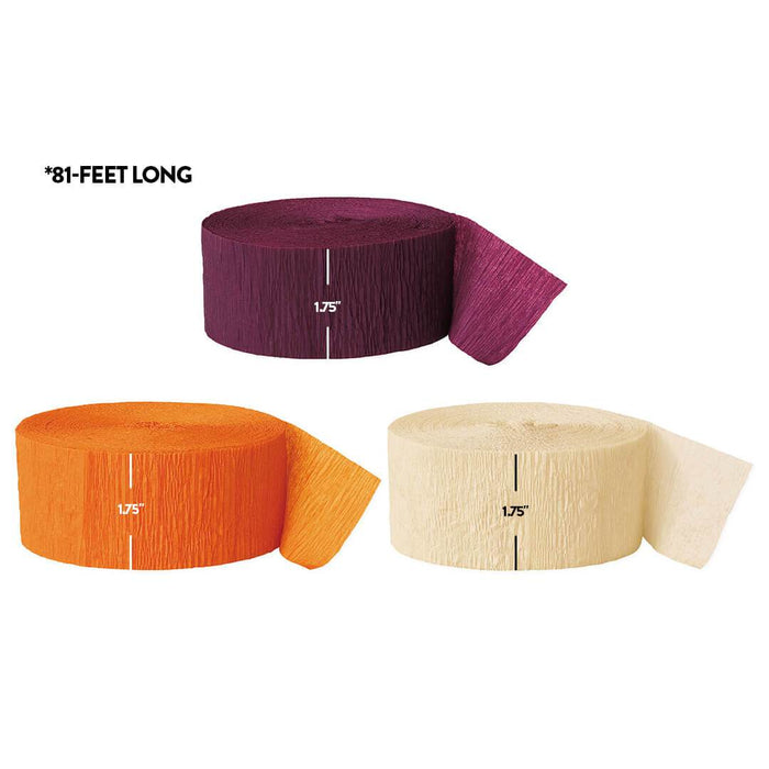 Burgundy Maroon, Orange, Ivory Crepe Paper Streamer Hanging Decorative Kit-Set of 3-Andaz Press-