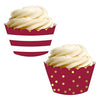 Burgundy Maroon Stripes and Metallic Gold Ink Polka Dots Cupcake Wrapper-set of 24-Andaz Press-