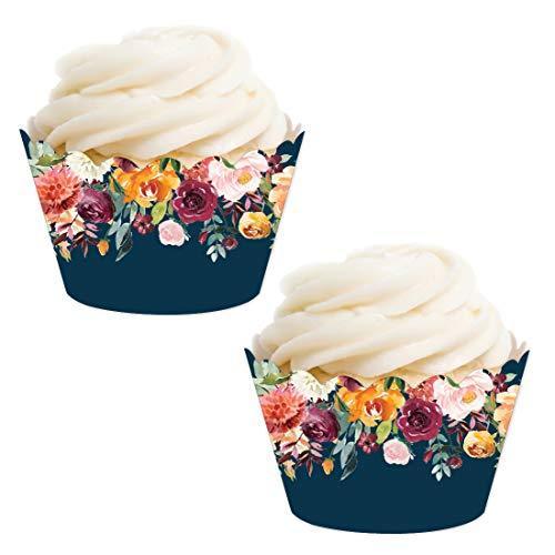Burgundy and Peach Floral Border on Navy Blue Cupcake Wrapper-set of 24-Andaz Press-