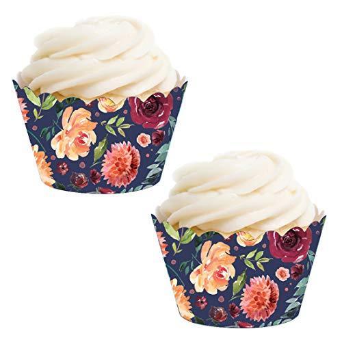 Burgundy and Peach Florals on Navy Blue Cupcake Wrappers-set of 24-Andaz Press-