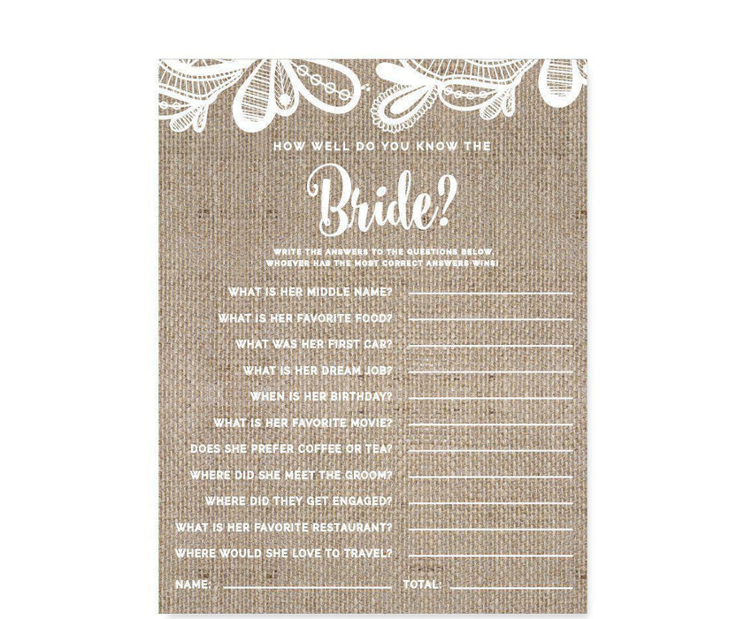 Burlap Lace Wedding Bridal Shower Game Cards-Set of 20-Koyal Wholesale-How Well Do You Know The Bride?-