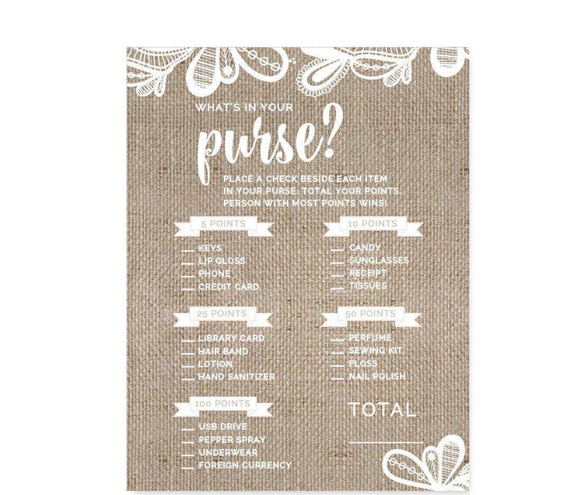 Burlap Lace Wedding Bridal Shower Game Cards-Set of 20-Koyal Wholesale-What's In Your Purse?-