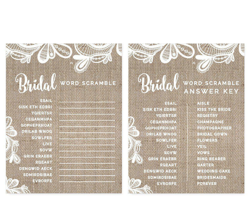 Burlap Lace Wedding Bridal Shower Game Cards-Set of 20-Koyal Wholesale-Word Scramble-