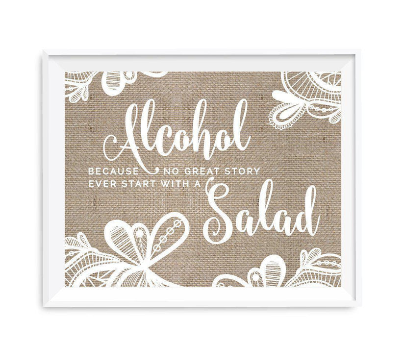 Burlap Lace Wedding Party Signs-Set of 1-Koyal Wholesale-Alcohol, No Story Started With A Salad-