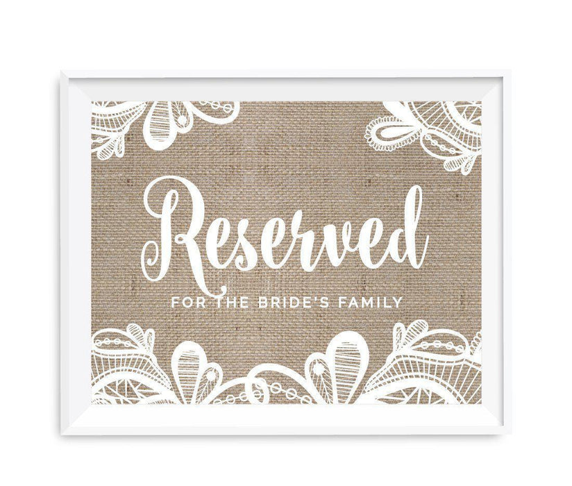 Burlap Lace Wedding Party Signs-Set of 1-Koyal Wholesale-Reserved For The Bride's Family-