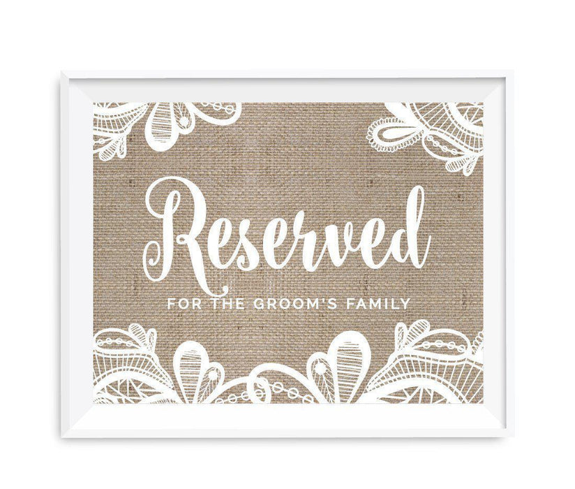 Burlap Lace Wedding Party Signs-Set of 1-Koyal Wholesale-Reserved For The Groom's Family-