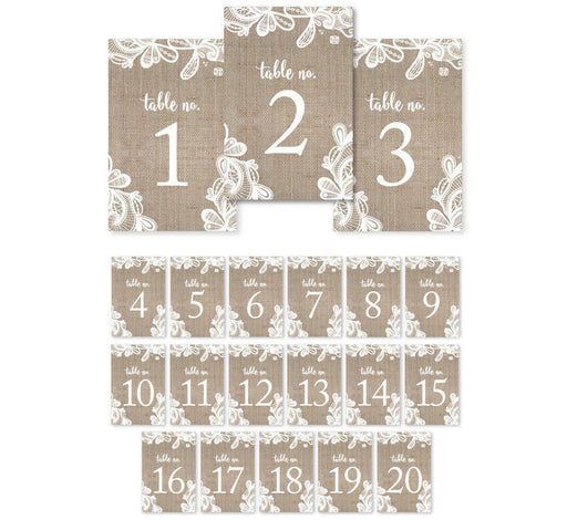 Burlap Lace Wedding Table Numbers-Set of 20-Koyal Wholesale-1-20-