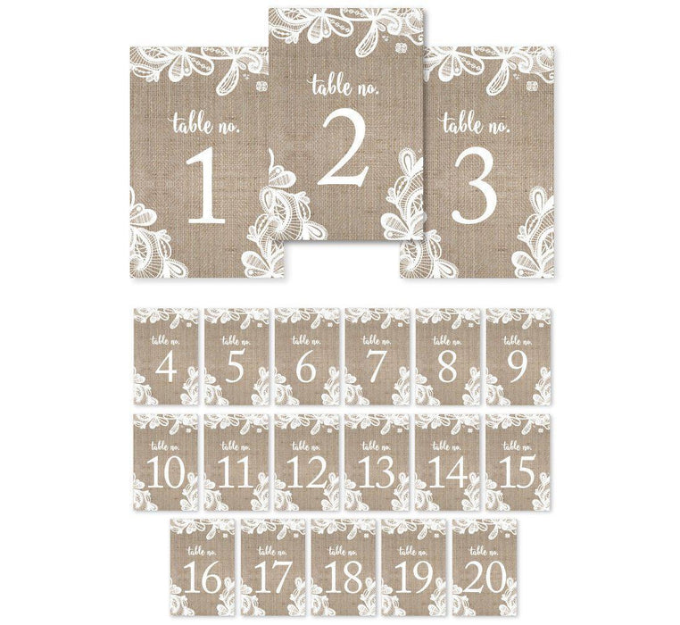 Burlap Lace Wedding Table Numbers-Set of 20-Koyal Wholesale-1-20-