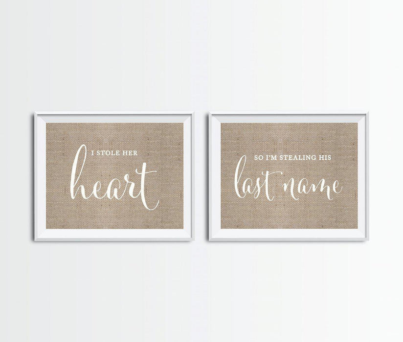 Burlap Wedding Party Signs, 2-Pack-Set of 2-Andaz Press-I Stole Her Heart, So I'm Stealing His Last Name-