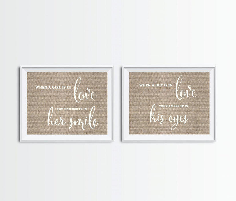 Burlap Wedding Party Signs, 2-Pack-Set of 2-Andaz Press-When A Girl Is In Love, When A Guy Is In Love-