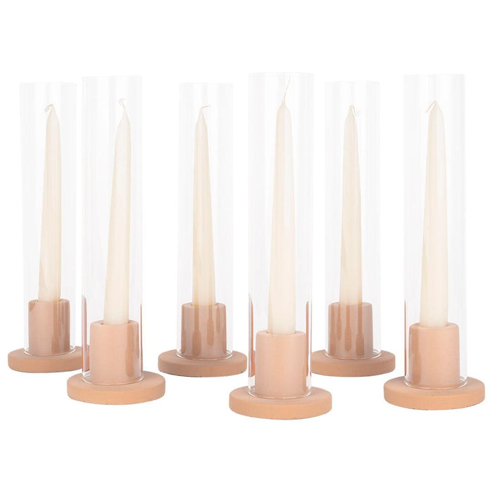 Ceramic Taper Candle Holders with Glass Hurricane Shades, Set of 6-Set of 6-Koyal Wholesale-Terracotta-