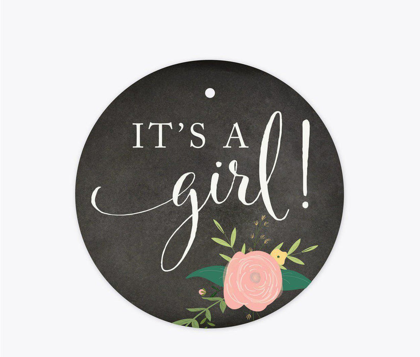 Chalkboard Floral Baby Shower Circle Gift Tags, It's a Girl!-Set of 24-Andaz Press-