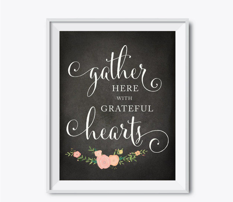 Chalkboard Floral Fall Thanksgiving Party Signs-Set of 1-Andaz Press-Gather Here With Grateful Hearts-