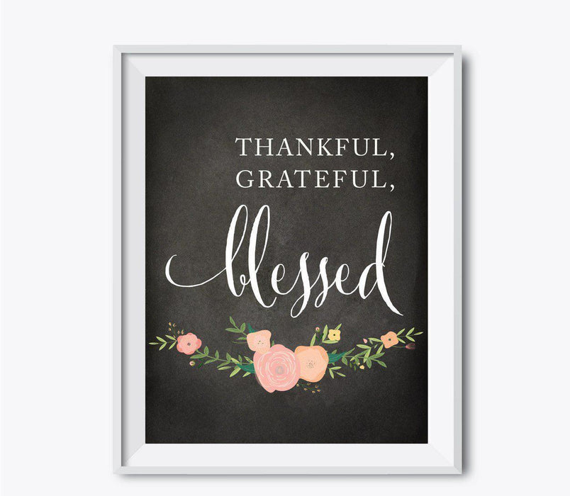 Chalkboard Floral Fall Thanksgiving Party Signs-Set of 1-Andaz Press-Thankful, Grateful, Blessed-