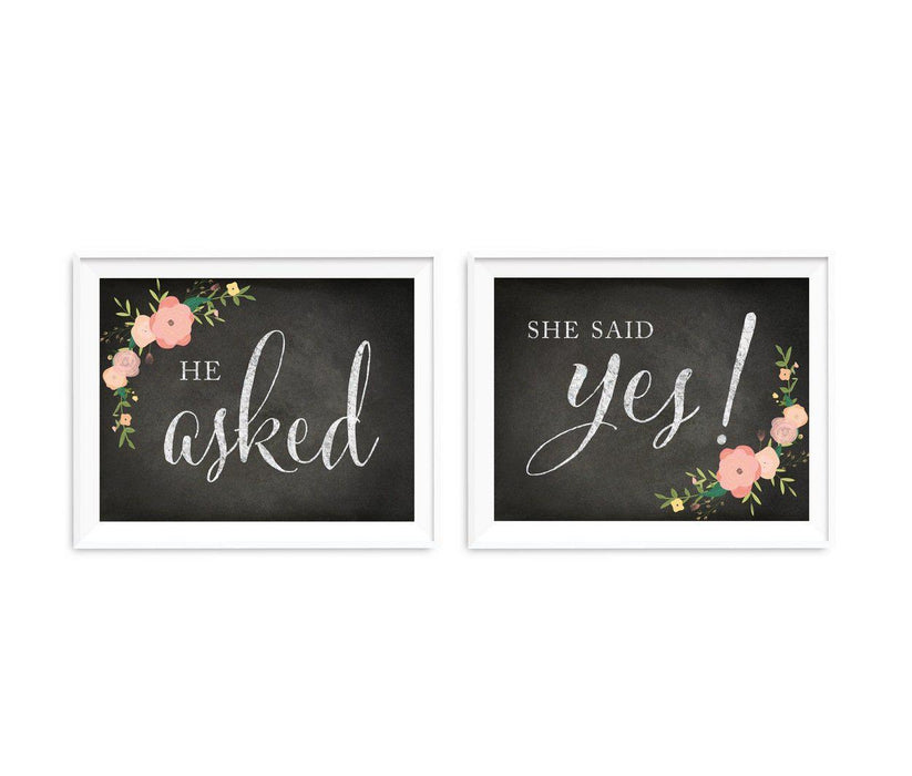 Chalkboard & Floral Roses Wedding Party Signs, 2-Pack-Set of 2-Andaz Press-He Asked, She Said Yes!-