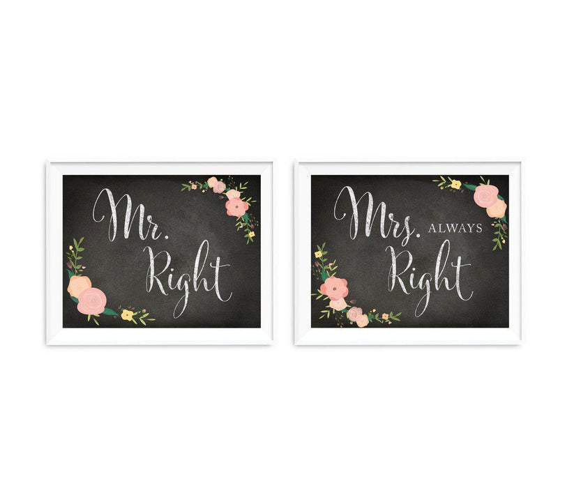 Chalkboard & Floral Roses Wedding Party Signs, 2-Pack-Set of 2-Andaz Press-Mr. Right, Mrs. Always Right-