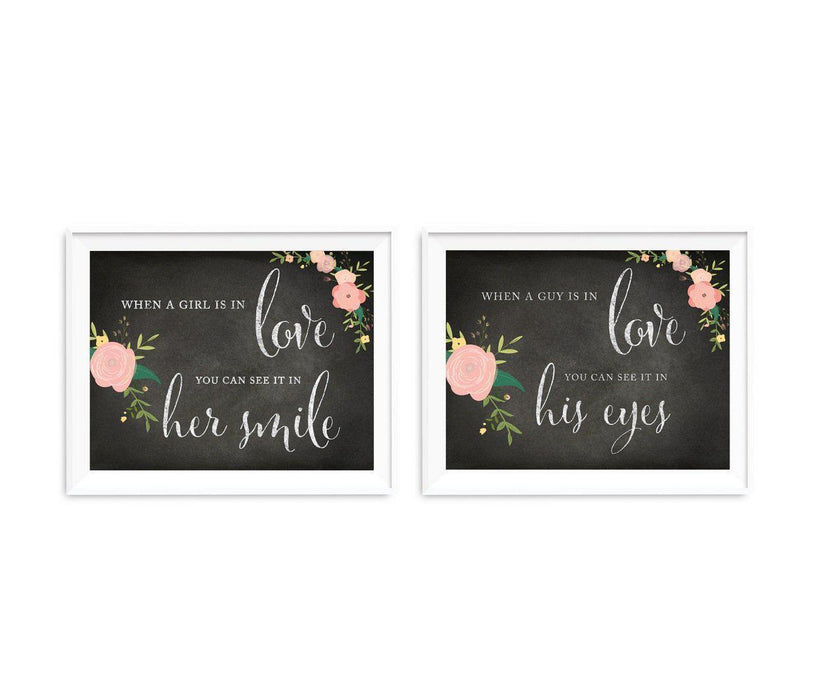 Chalkboard & Floral Roses Wedding Party Signs, 2-Pack-Set of 2-Andaz Press-When A Girl Is In Love, When A Guy Is In Love-
