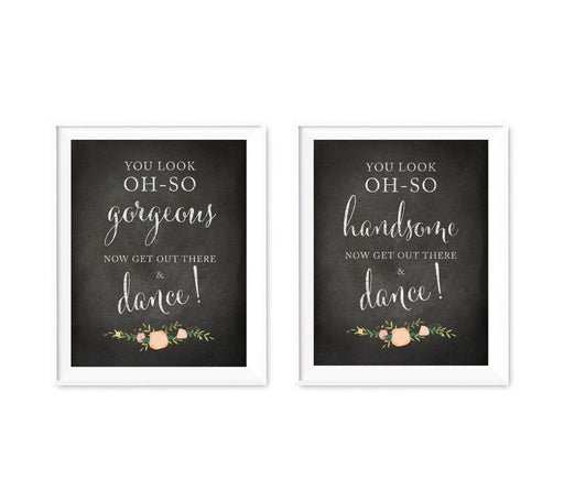 Chalkboard & Floral Roses Wedding Party Signs, 2-Pack-Set of 2-Andaz Press-You Look Gorgeous, Handsome-