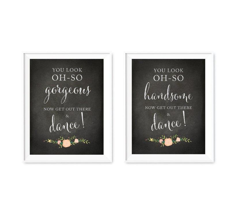 Chalkboard & Floral Roses Wedding Party Signs, 2-Pack-Set of 2-Andaz Press-You Look Gorgeous, Handsome-