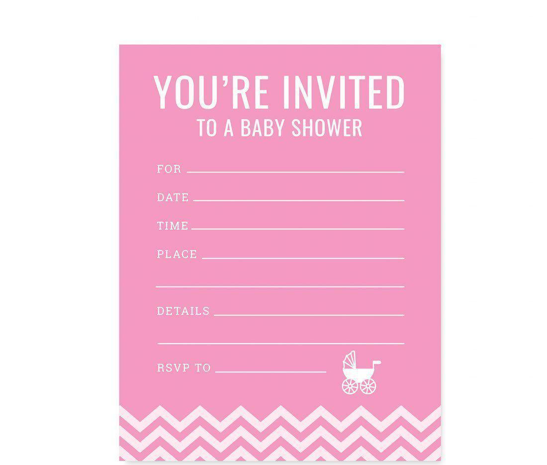 Chevron Baby Shower Blank Invitations-Set of 20-Andaz Press-Bubblegum Pink-