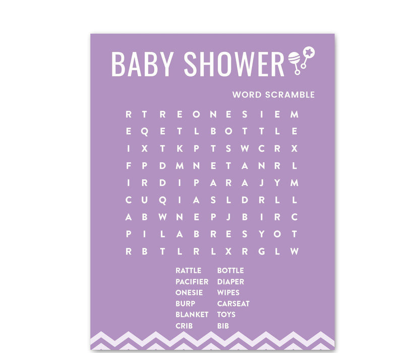 Chevron Baby Shower Games & Fun Activities, Word Search Game Cards-Set of 20-Andaz Press-Lavender-