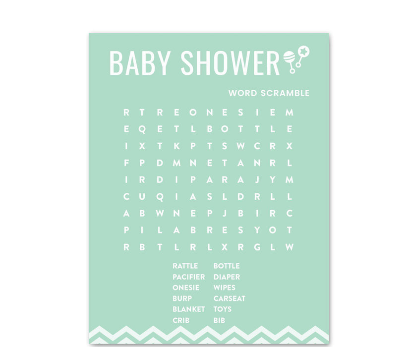 Chevron Baby Shower Games & Fun Activities, Word Search Game Cards-Set of 20-Andaz Press-Mint Green-