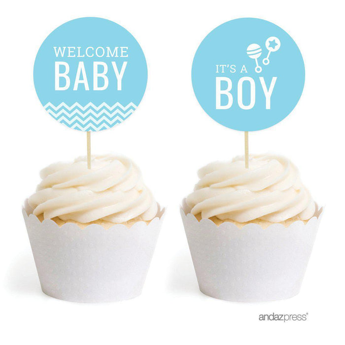Chevron Cupcake Topper DIY Party Favors Kit-Set of 20-Andaz Press-Baby Blue-