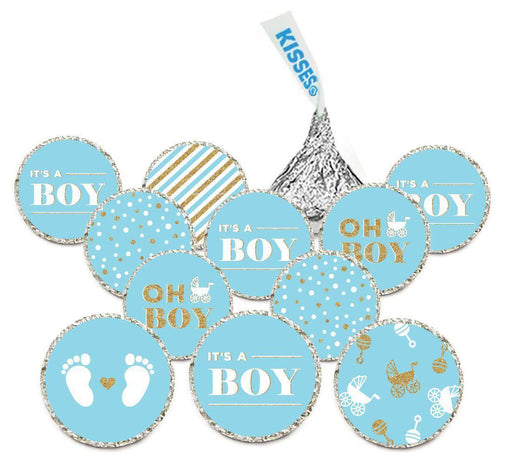 Chocolate Drop Labels Trio, Fits Hershey's Kisses, Ultimate Boy Baby Shower Collection-Set of 216-Andaz Press-Baby Blue and Gold Glitter-