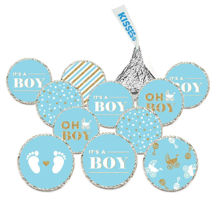 Chocolate Drop Labels Trio, Fits Hershey's Kisses, Ultimate Boy Baby Shower Collection-Set of 216-Andaz Press-Baby Blue and Gold Glitter-