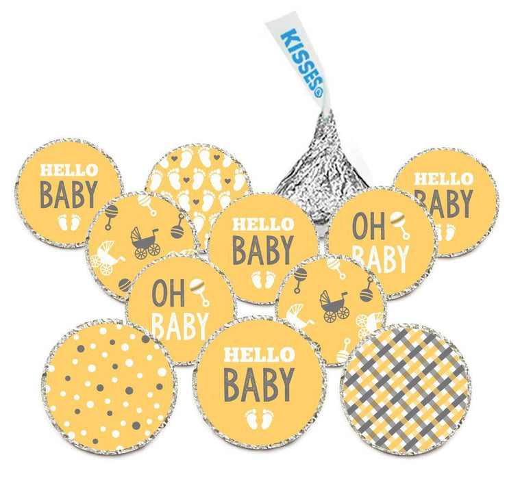 Chocolate Drop Labels Trio, Fits Hershey's Kisses, Ultimate Gender Neutral Baby Shower Collection-Set of 216-Andaz Press-Yellow and Gray-
