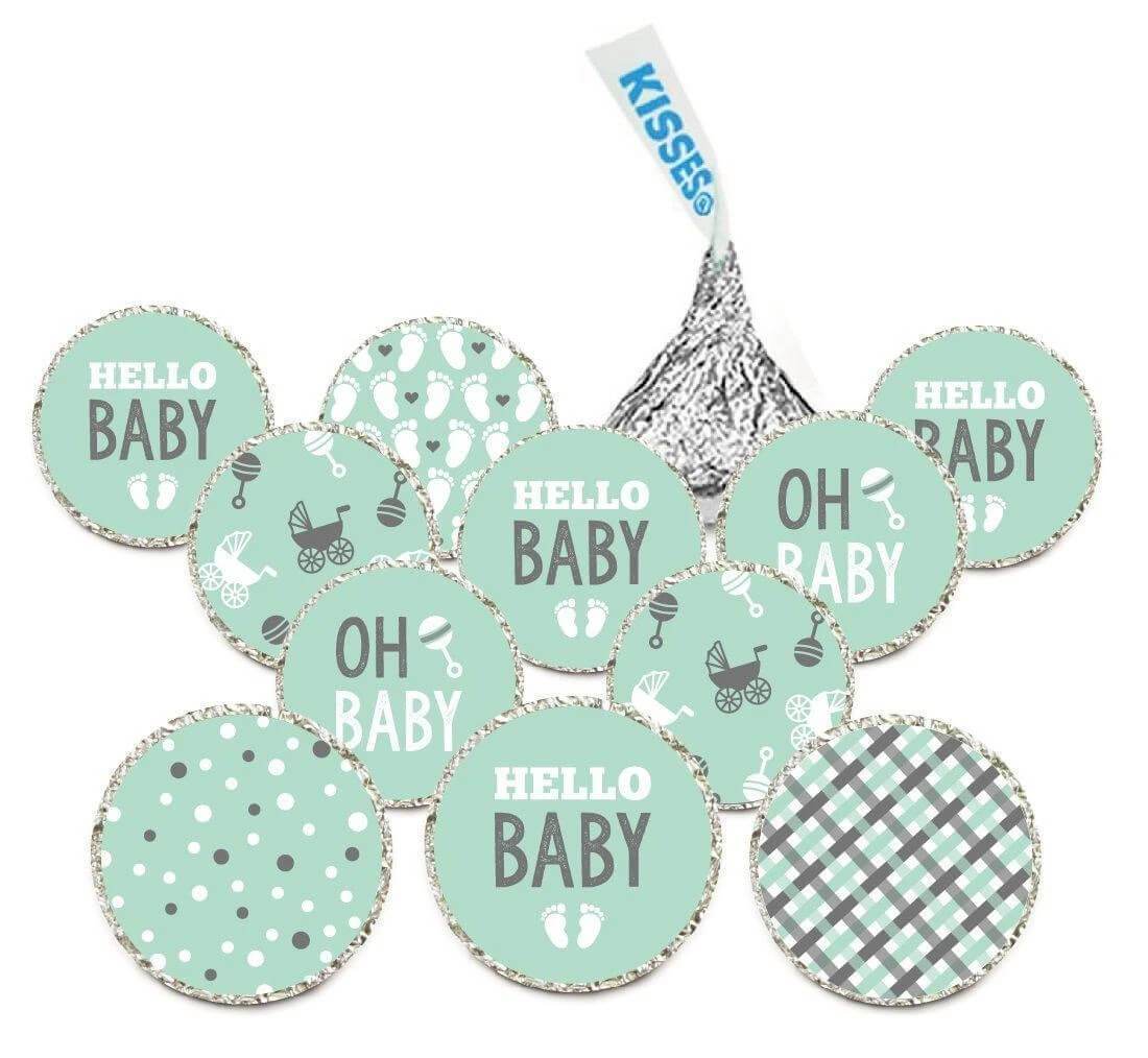 Chocolate Drop Labels Trio, Fits Hershey's Kisses, Ultimate Gender Neutral Baby Shower Collection-Set of 216-Andaz Press-Mint Green and Grey-