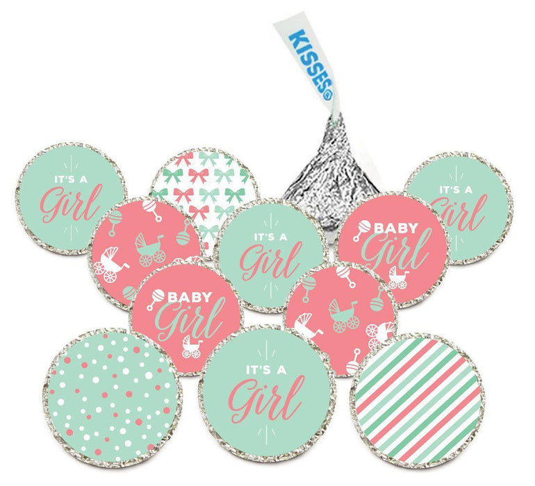 Chocolate Drop Labels Trio, Fits Hershey's Kisses, Ultimate Girl Baby Shower Collection-Set of 216-Andaz Press-Coral and Mint Green-