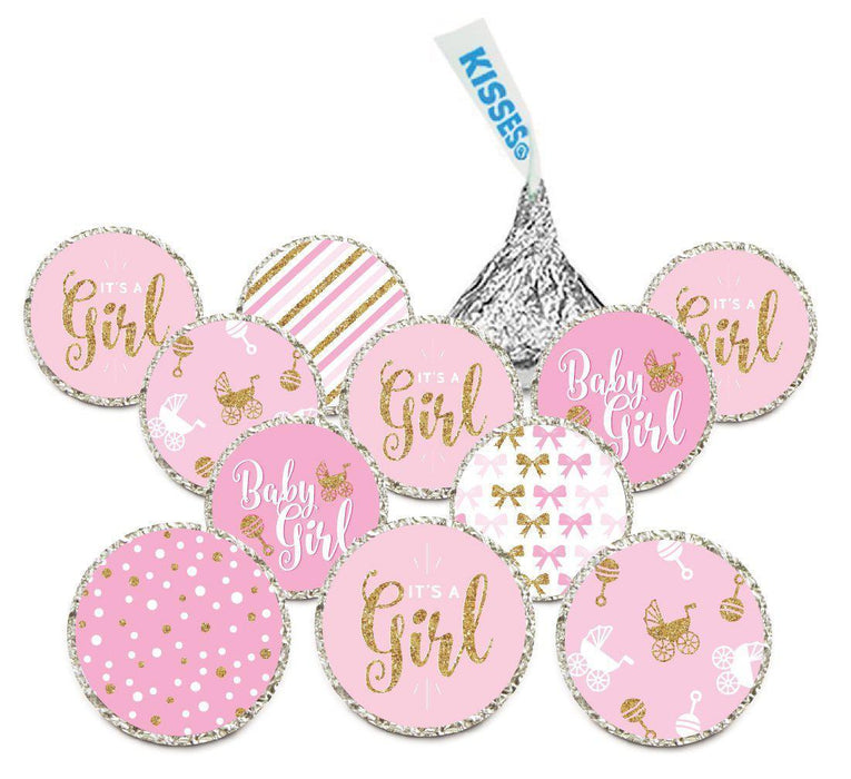 Chocolate Drop Labels Trio, Fits Hershey's Kisses, Ultimate Girl Baby Shower Collection-Set of 216-Andaz Press-Pink and Gold Glitter-