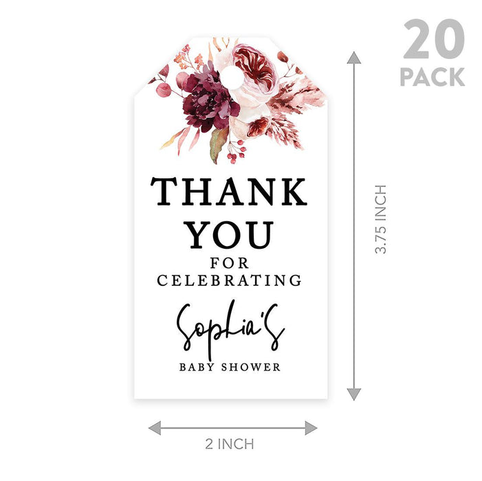 Classic Custom Thank You For Celebrating with Us Baby Shower Gift Tags, For Favors Gift Bags-Set of 20-Andaz Press-Boho Burgundy Blush Florals-