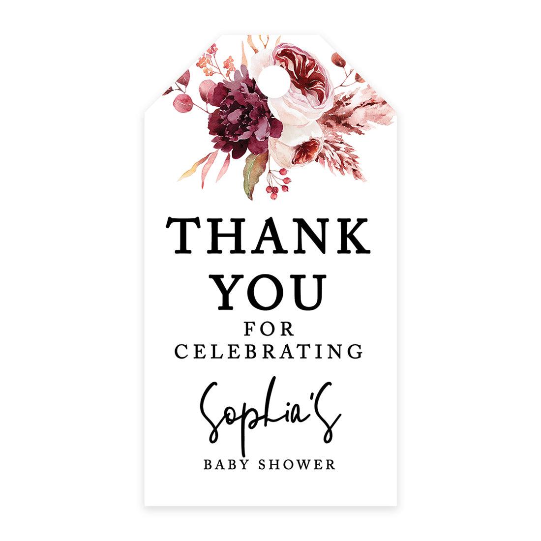 Classic Custom Thank You for Celebrating with US Baby Shower Gift Tags, for Favors Gift Bags, Boho Burgundy Blush Florals | Andaz Press