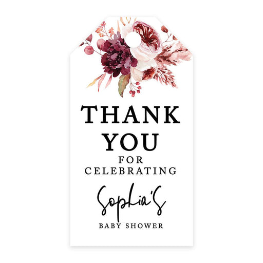 Classic Custom Thank You For Celebrating with Us Baby Shower Gift Tags, For Favors Gift Bags-Set of 20-Andaz Press-Boho Burgundy Blush Florals-