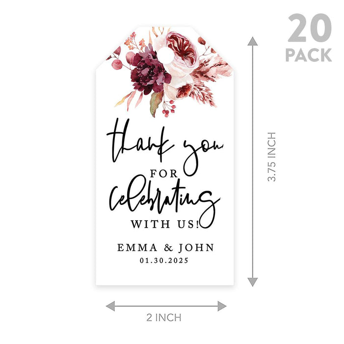 Classic Custom Thank You for Celebrating with Us Wedding Favor Tags, For Wedding Party Favors-Set of 20-Andaz Press-Boho Burgundy Blush Florals-