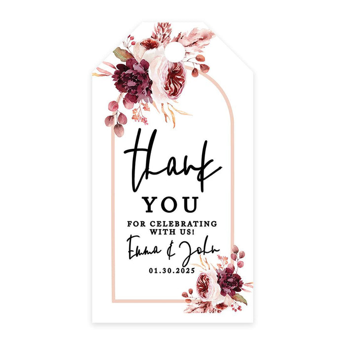 Classic Custom Thank You for Celebrating with Us Wedding Favor Tags, For Wedding Party Favors-Set of 20-Andaz Press-Boho Arch with Burgundy Blush Florals-