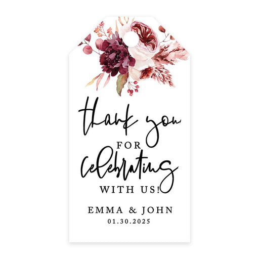 Classic Custom Thank You for Celebrating with Us Wedding Favor Tags, For Wedding Party Favors-Set of 20-Andaz Press-Boho Burgundy Blush Florals-
