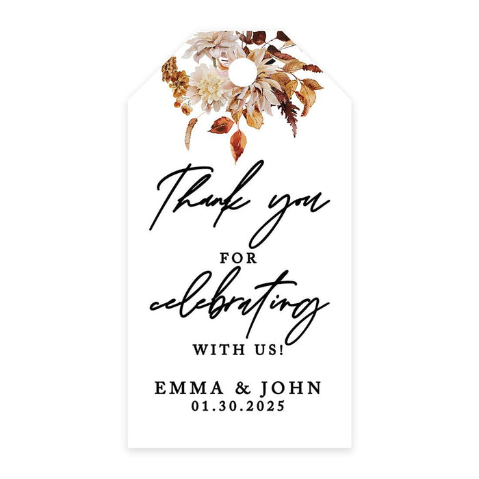 Classic Custom Thank You for Celebrating with Us Wedding Favor Tags, For Wedding Party Favors-Set of 20-Andaz Press-Fall Leaves & Florals-