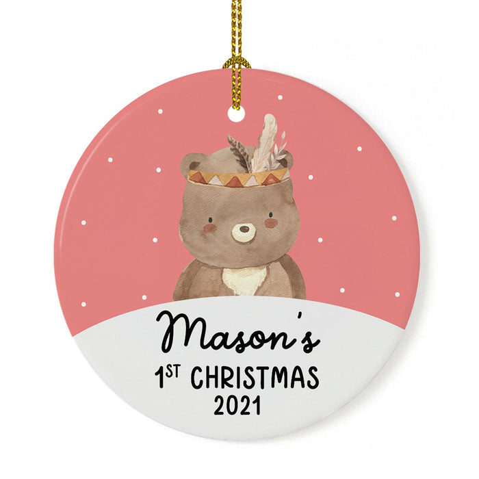 Custom 1st Christmas Tree Ornament 20XX Round Ceramic Baby's First Christmas Ornament-Set of 1-Andaz Press-Boho Bear Coral-