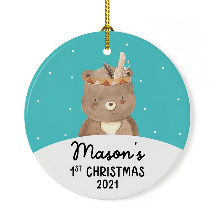 Custom 1st Christmas Tree Ornament 20XX Round Ceramic Baby's First Christmas Ornament-Set of 1-Andaz Press-Boho Bear Teal-