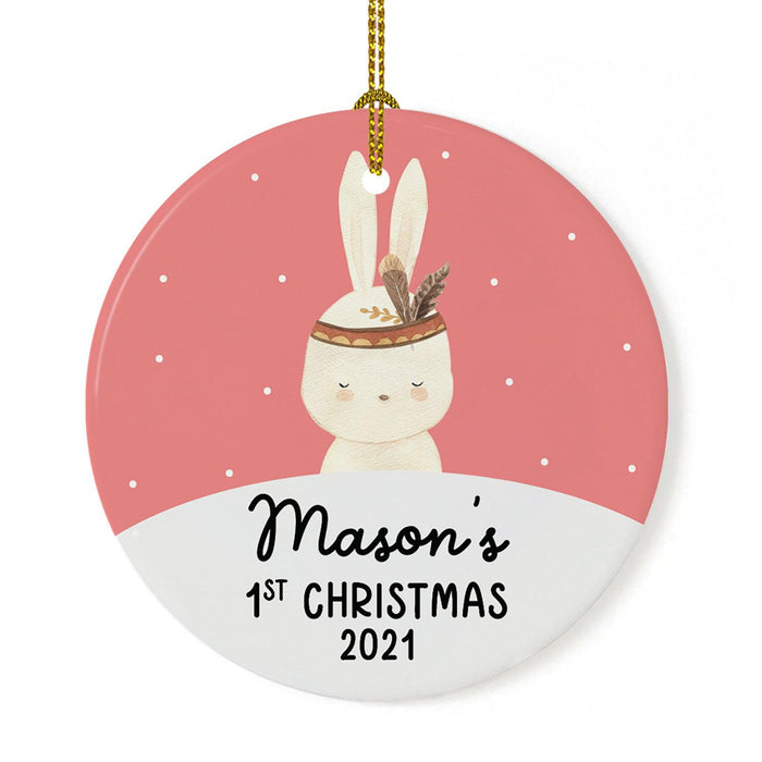 Custom 1st Christmas Tree Ornament 20XX Round Ceramic Baby's First Christmas Ornament-Set of 1-Andaz Press-Boho Bunny Coral-