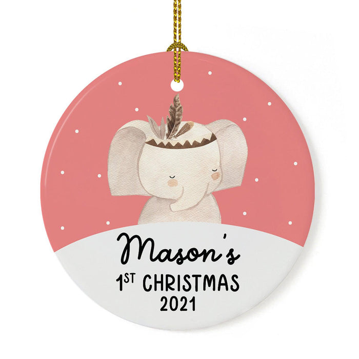 Custom 1st Christmas Tree Ornament 20XX Round Ceramic Baby's First Christmas Ornament-Set of 1-Andaz Press-Boho Elephant Coral-