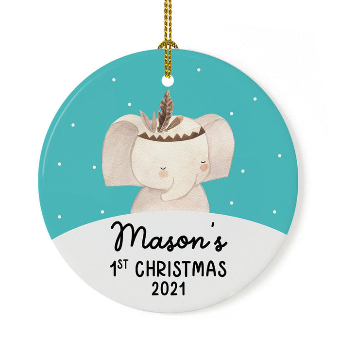 Custom 1st Christmas Tree Ornament 20XX Round Ceramic Baby's First Christmas Ornament-Set of 1-Andaz Press-Boho Elephant Teal-