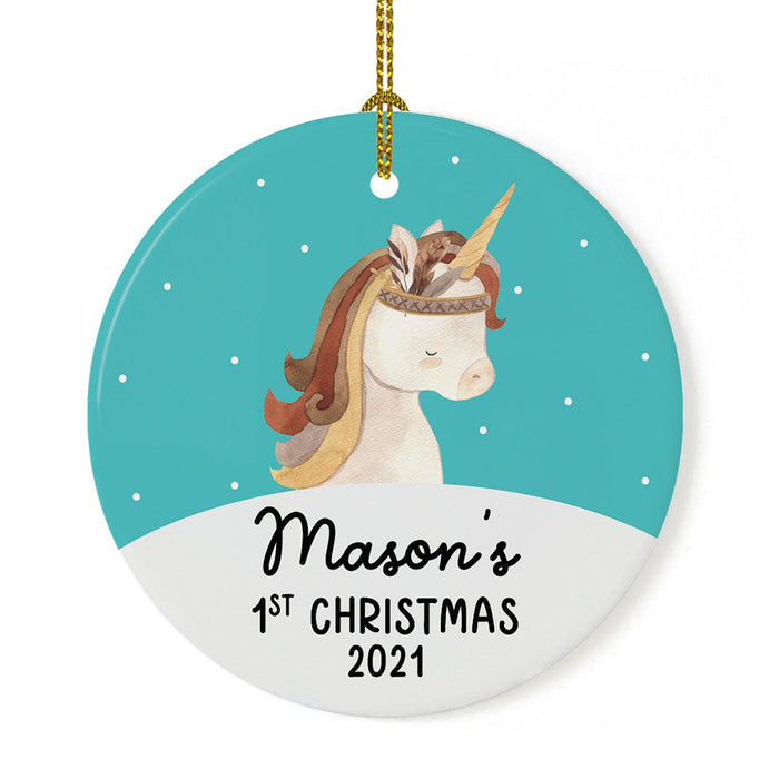 Custom 1st Christmas Tree Ornament 20XX Round Ceramic Baby's First Christmas Ornament-Set of 1-Andaz Press-Boho Unicorn Teal-