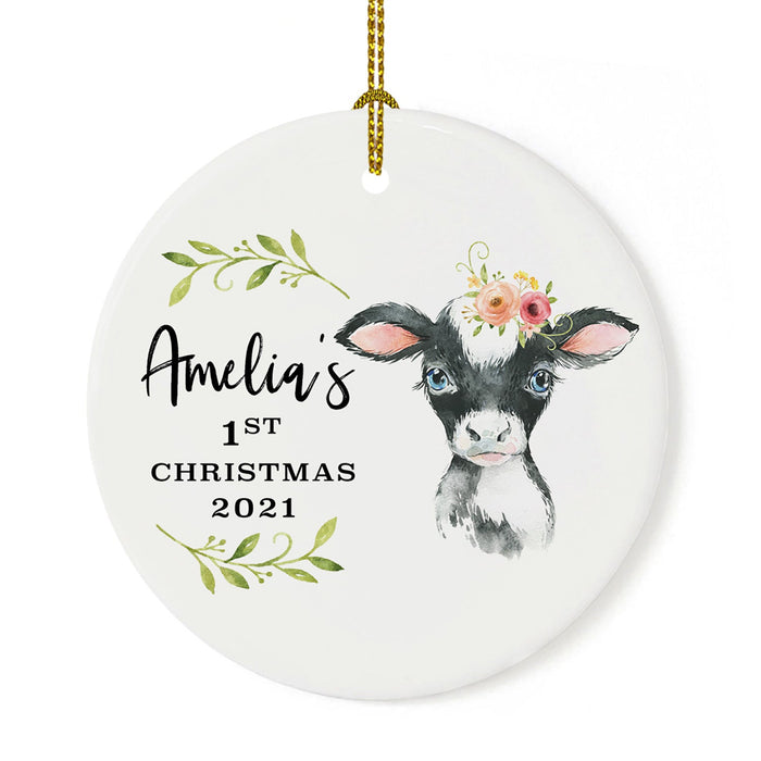 Custom 1st Christmas Tree Ornament 20XX Round Ceramic Baby's First Christmas Ornament-Set of 1-Andaz Press-Cow with Florals-