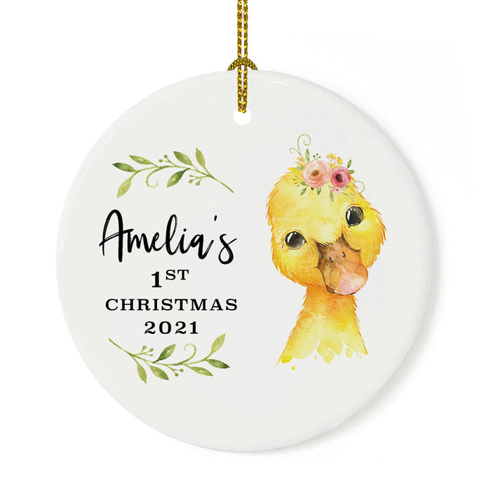 Custom 1st Christmas Tree Ornament 20XX Round Ceramic Baby's First Christmas Ornament-Set of 1-Andaz Press-Duckling with Florals-